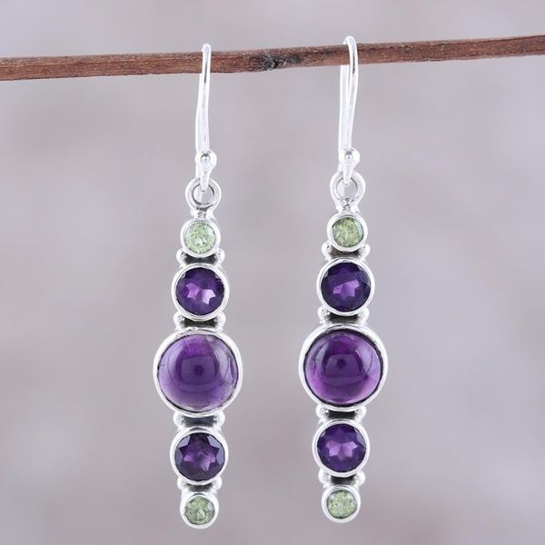 Alternate image for Amethyst and Peridot Sterling Silver Dangle Earrings Peaceful Fusion