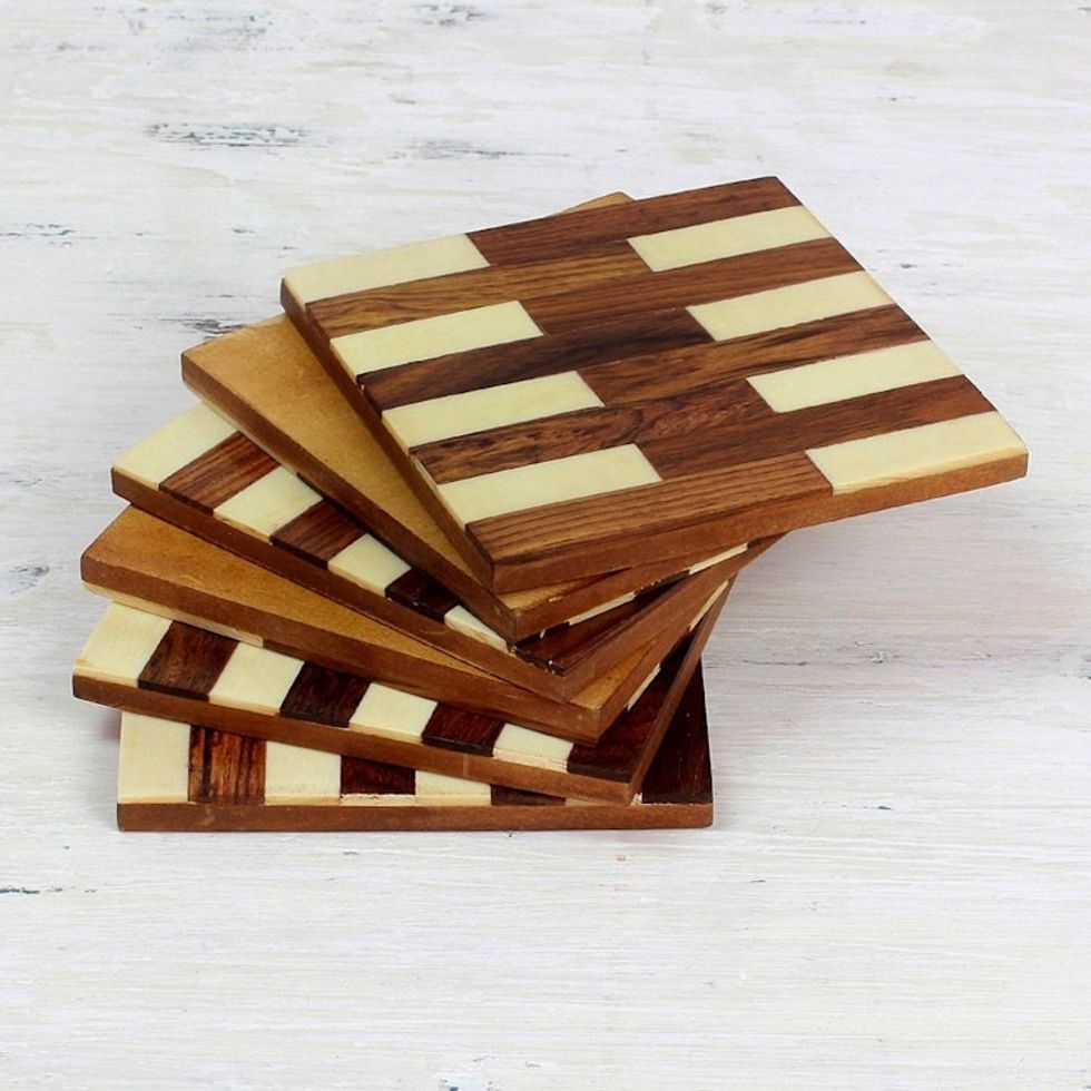 Mango Wood and Bone Coasters from India Set of 6 'Lattice Elegance'