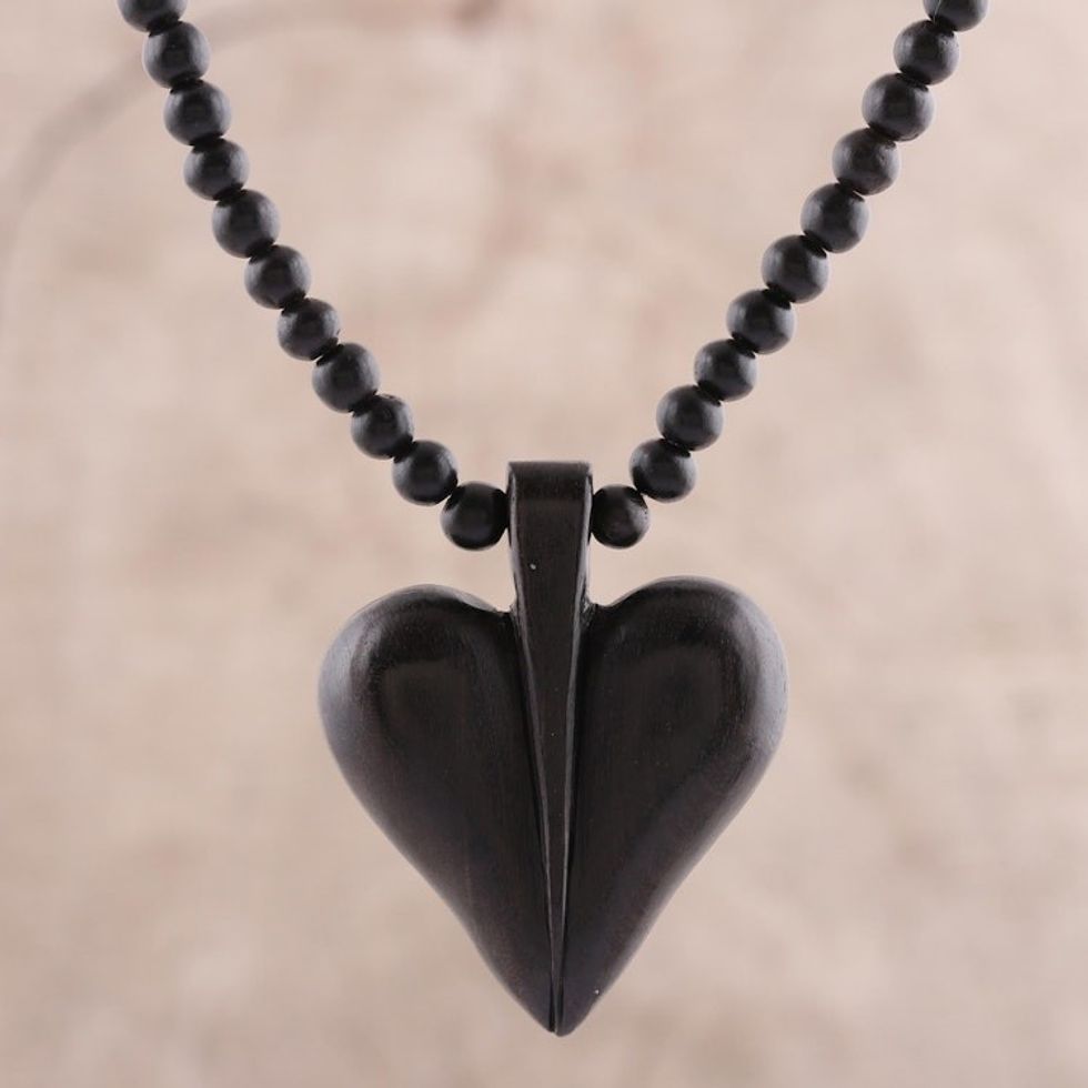 Heart-Shaped Ebony Wood Beaded Pendant Necklace 'Heart Adoration'