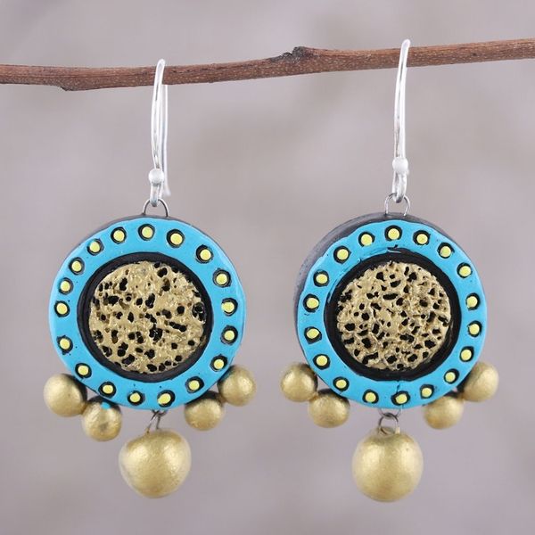 Alternate image for Handcrafted Blue and Gold Ceramic Circle Dangle Earrings Sun Catchers