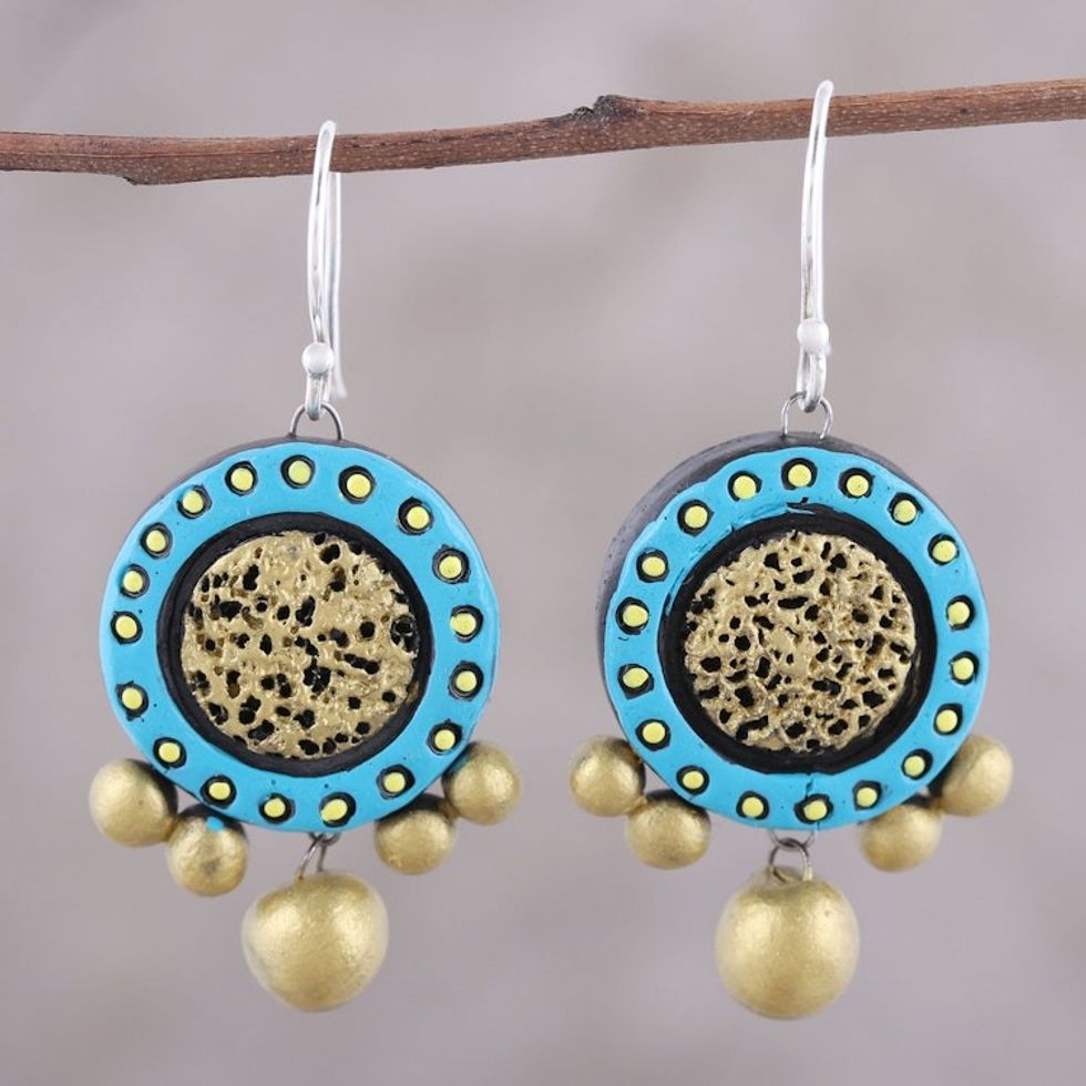 Handcrafted Blue and Gold Ceramic Circle Dangle Earrings 'Sun Catchers'