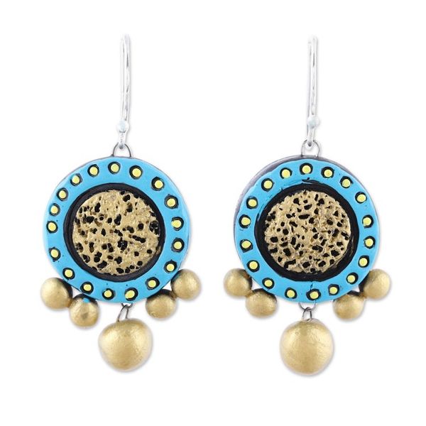 Alternate image for Handcrafted Blue and Gold Ceramic Circle Dangle Earrings Sun Catchers