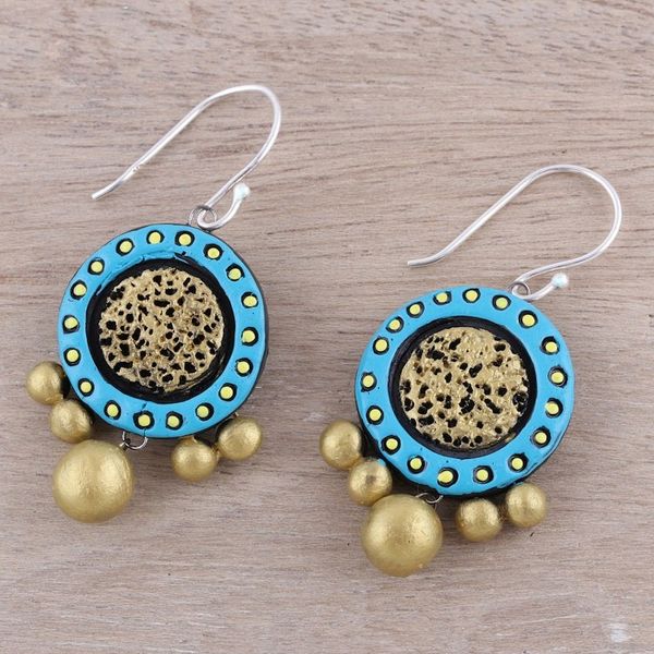 Alternate image for Handcrafted Blue and Gold Ceramic Circle Dangle Earrings Sun Catchers
