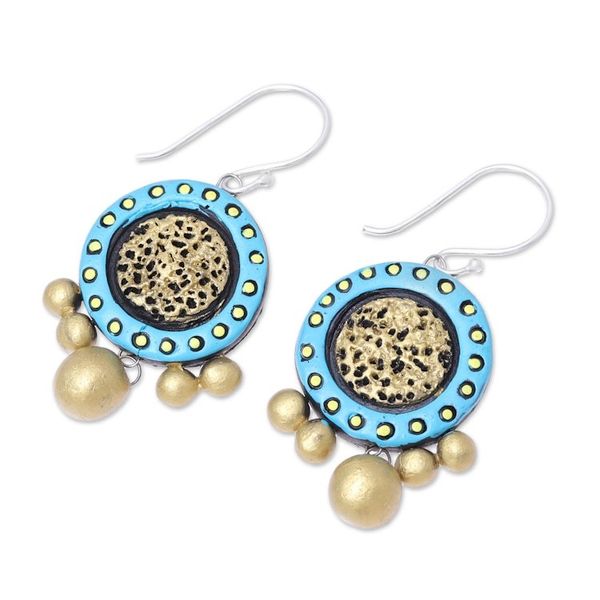 Alternate image for Handcrafted Blue and Gold Ceramic Circle Dangle Earrings Sun Catchers