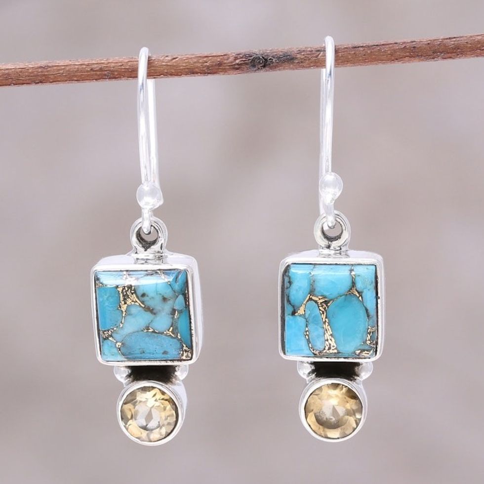 Citrine and Composite Turquoise Dangle Earrings from India 'Creative Beauty'