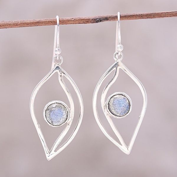 Alternate image for Leaf-Shaped Labradorite Dangle Earrings from India Leafy Glimmer