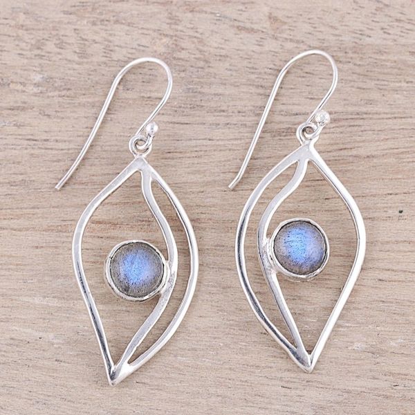 Alternate image for Leaf-Shaped Labradorite Dangle Earrings from India Leafy Glimmer
