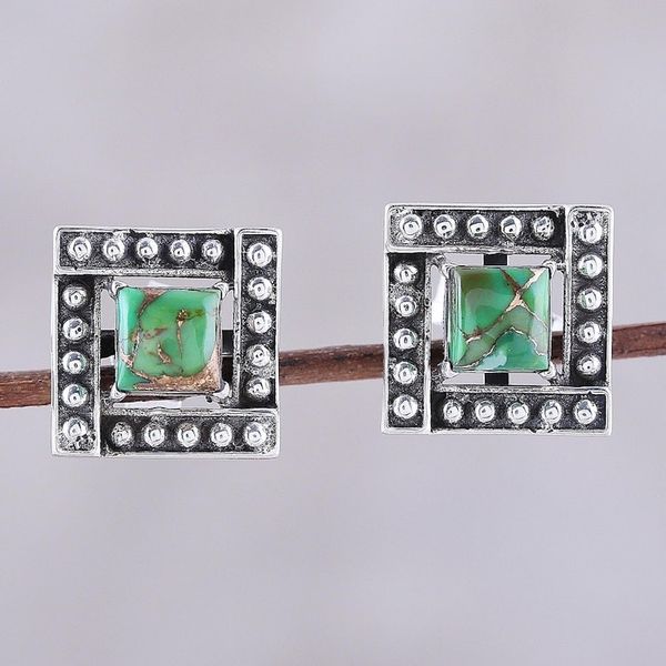 Alternate image for Square Green Composite Turquoise Stud Earrings from India Beautiful Windows in Green