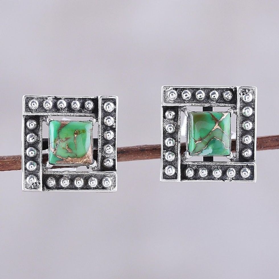 Square Green Composite Turquoise Stud Earrings from India 'Beautiful Windows in Green'
