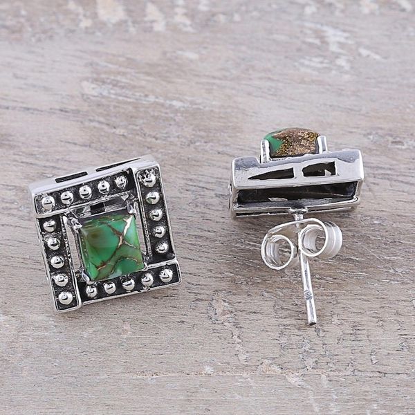 Alternate image for Square Green Composite Turquoise Stud Earrings from India Beautiful Windows in Green