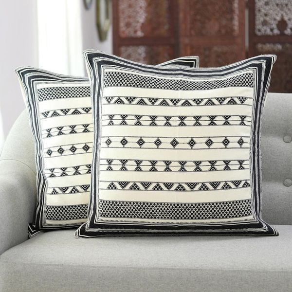 Alternate image for Cotton Cushion Covers with Black Geometric Patterns Pair Geometric Stripes