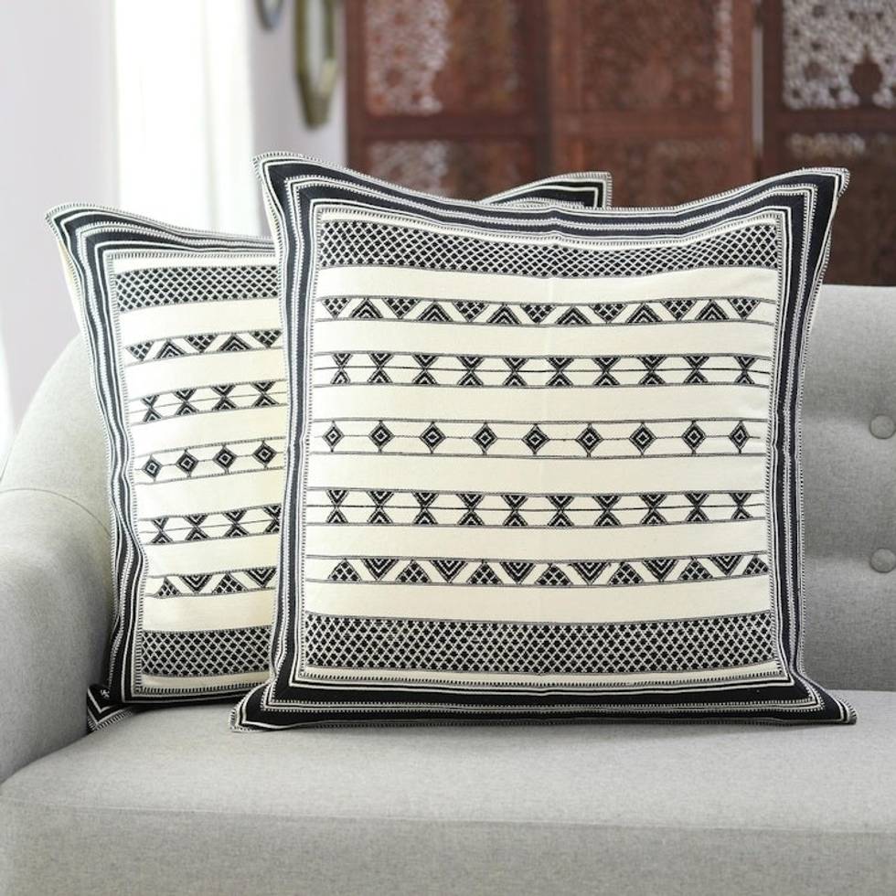 Cotton Cushion Covers with Black Geometric Patterns Pair 'Geometric Stripes'