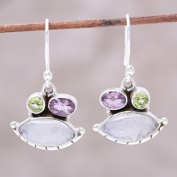 Alternate image for Eye-Shaped Rainbow Moonstone Dangle Earrings from India Glistening Eyes