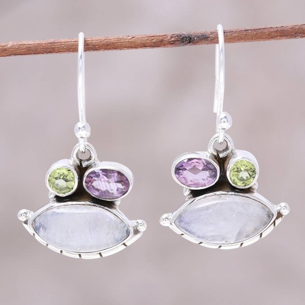 Eye-Shaped Rainbow Moonstone Dangle Earrings from India 'Glistening Eyes'