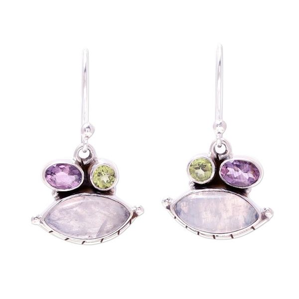 Alternate image for Eye-Shaped Rainbow Moonstone Dangle Earrings from India Glistening Eyes