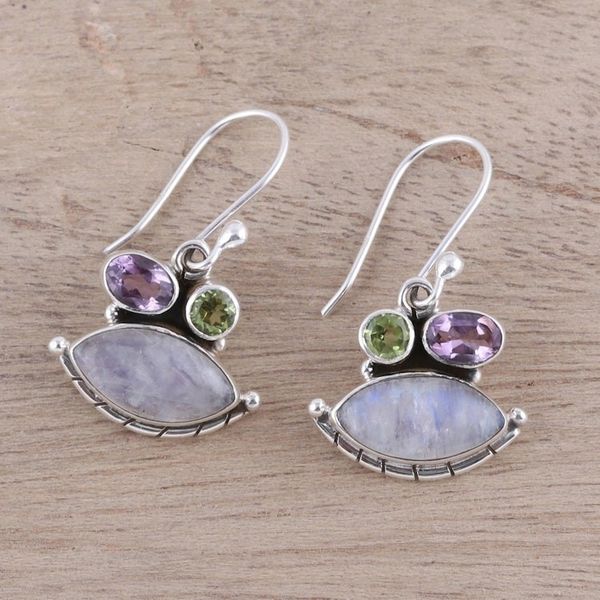 Alternate image for Eye-Shaped Rainbow Moonstone Dangle Earrings from India Glistening Eyes
