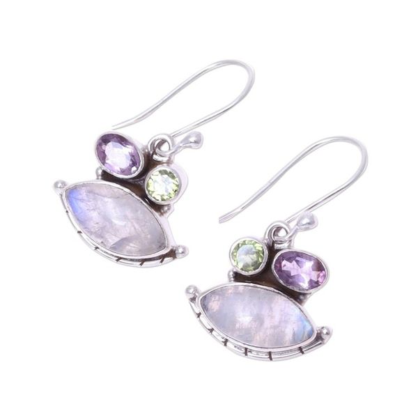 Alternate image for Eye-Shaped Rainbow Moonstone Dangle Earrings from India Glistening Eyes