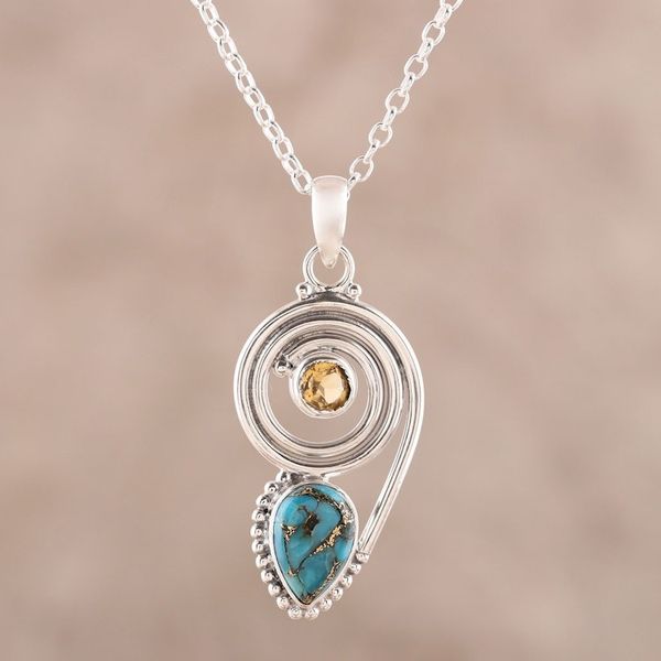 Alternate image for Citrine and Composite Turquoise Pendant Necklace from India Wondrous Coil
