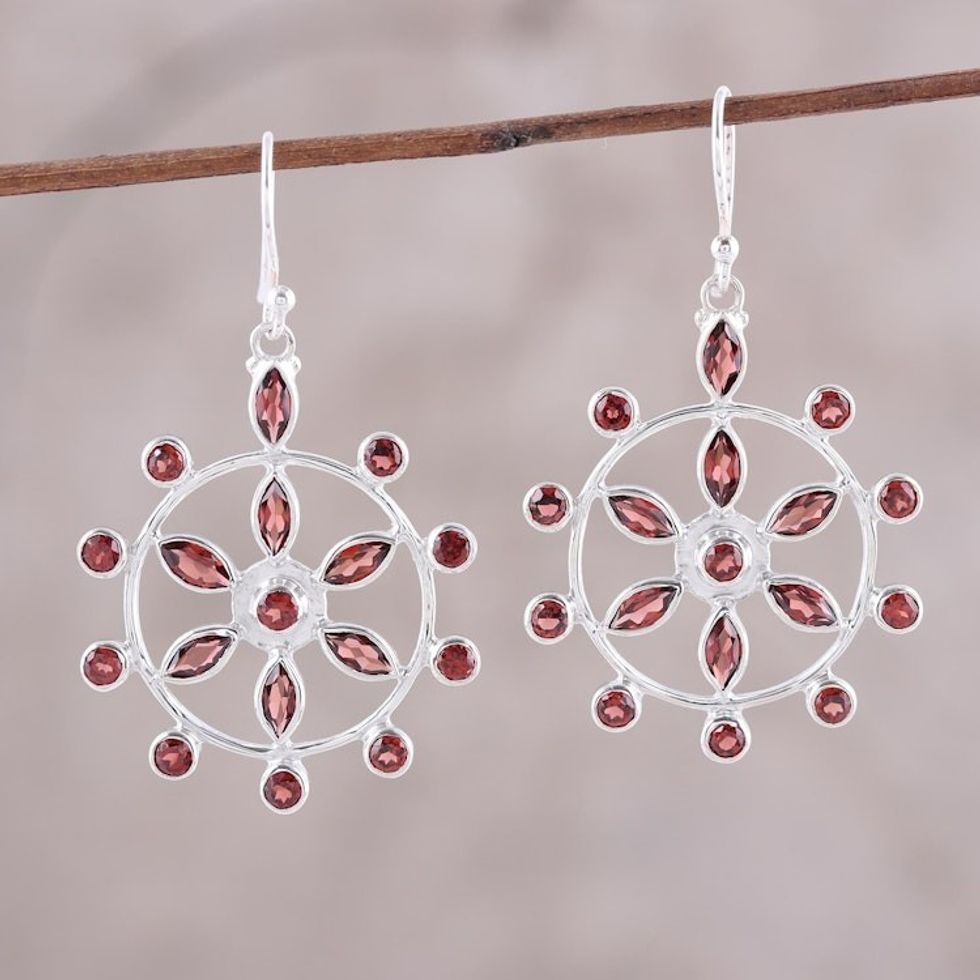 Wheel-Shaped Garnet Dangle Earrings from India 'Dazzling Wheels'