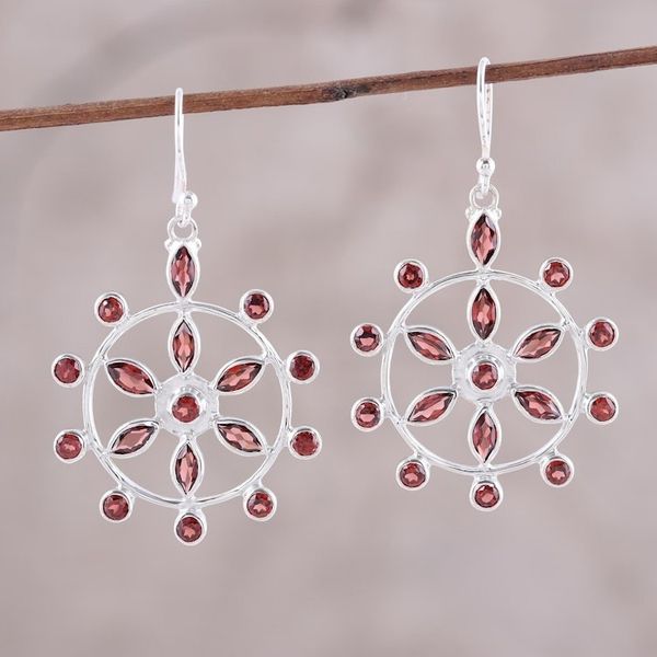 Alternate image for Wheel-Shaped Garnet Dangle Earrings from India Dazzling Wheels