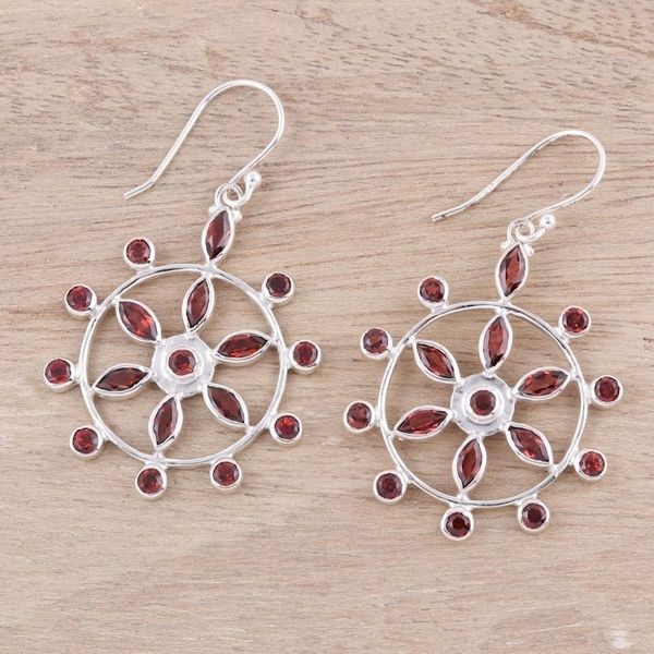 Alternate image for Wheel-Shaped Garnet Dangle Earrings from India Dazzling Wheels
