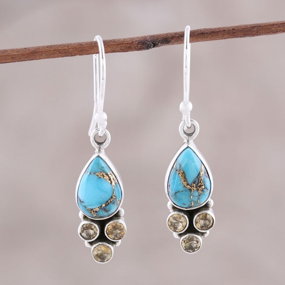Citrine and Composite Turquoise Dangle Earrings from India 'Sunny Dew'