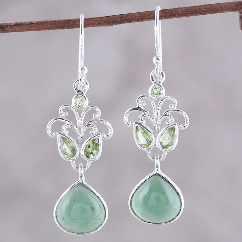 Sterling Silver Peridot and Serpentine Dangle Earrings 'Evening Delight'