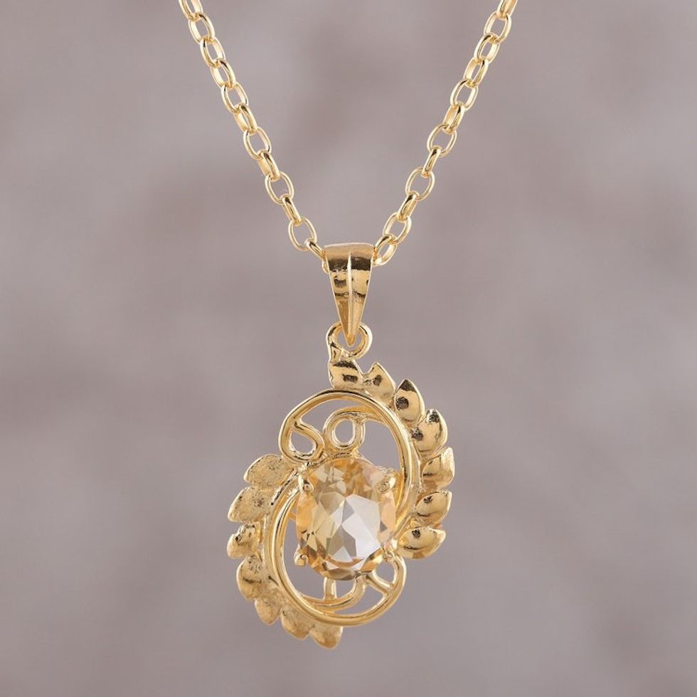 22k Gold Plated Sterling Silver and Citrine Pendant Necklace 'Golden Sunbeam'