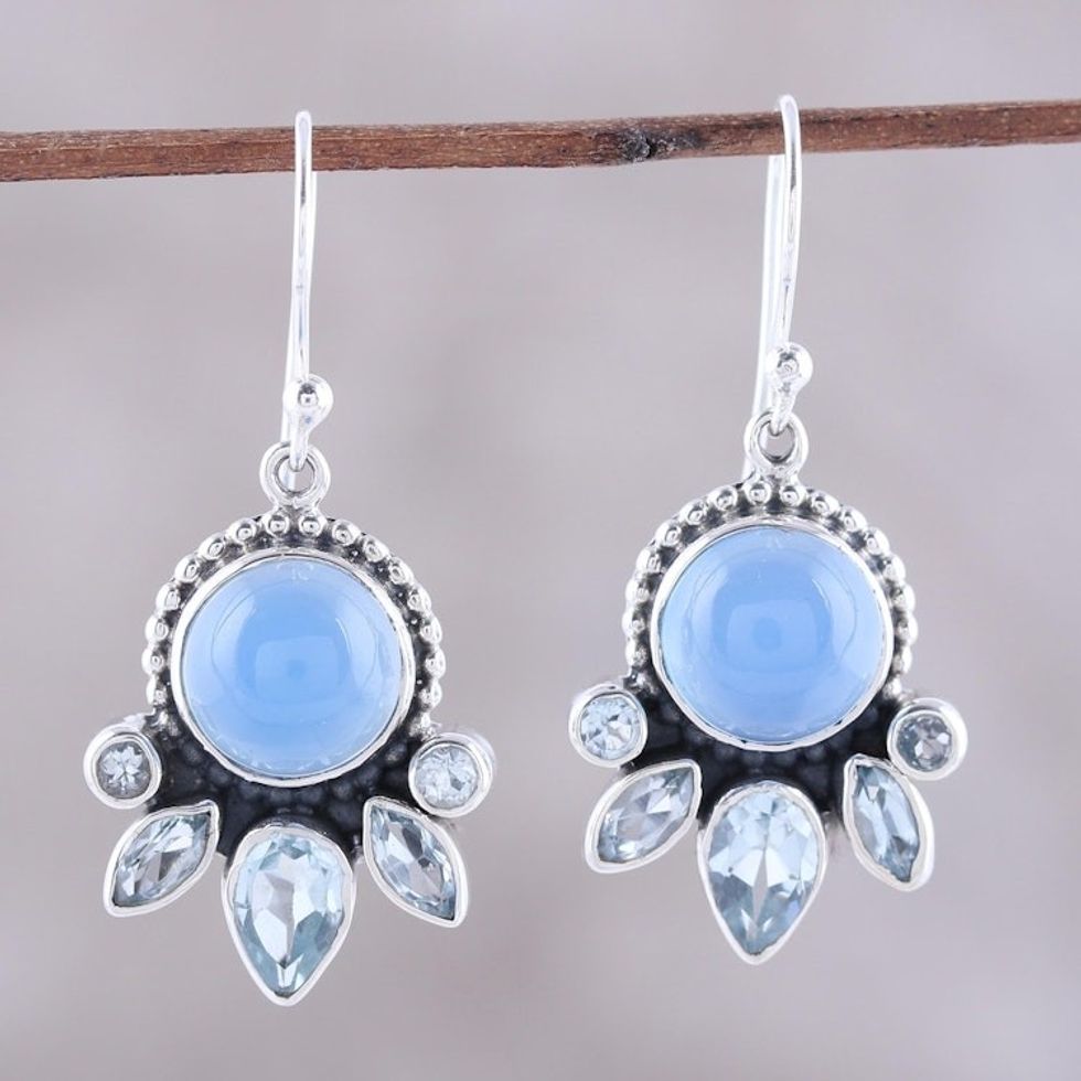 Chalcedony and Blue Topaz Sterling Silver Dangle Earrings 'Sky Shimmer'