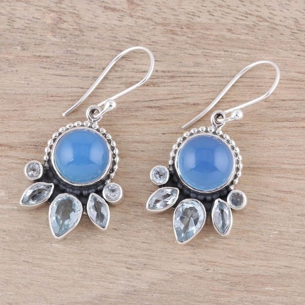 Alternate image for Chalcedony and Blue Topaz Sterling Silver Dangle Earrings Sky Shimmer