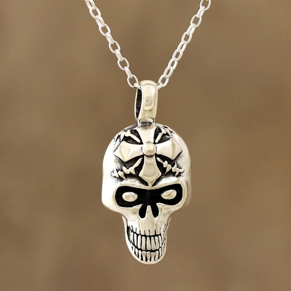 Sterling Silver Skull Cross Pendant Necklace from India 'Grinning Cross'