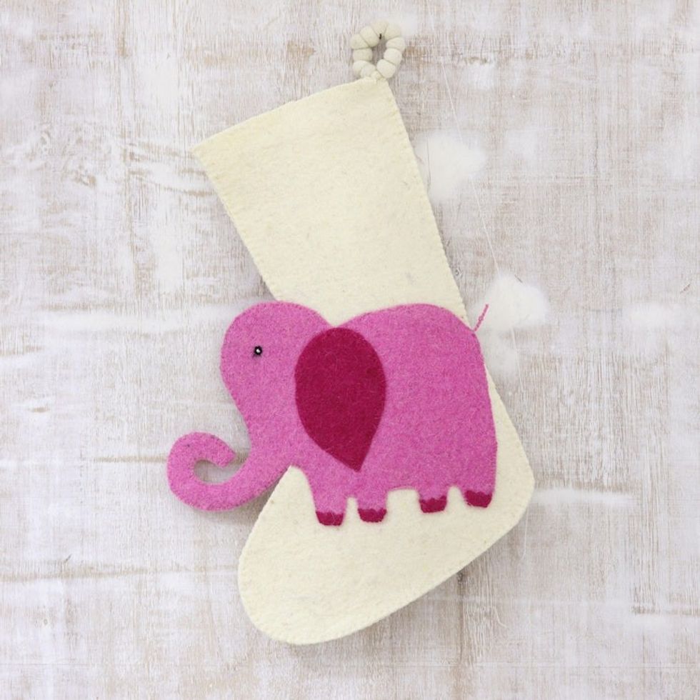 Ivory and Pink Elephant Christmas Stocking from India 'Holiday Elephant in Pink'
