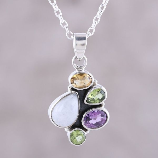 Alternate image for Multi-Gemstone and Sterling Silver Pendant Necklace Color Shower