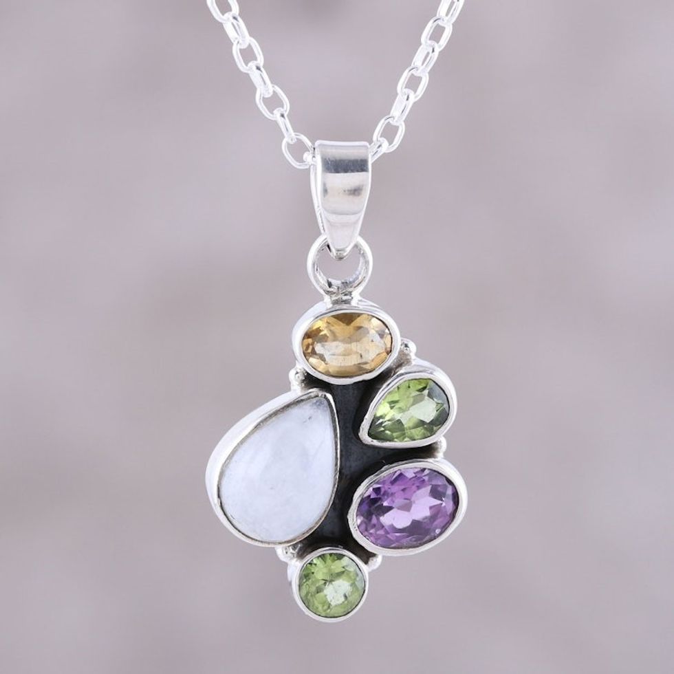 Multi-Gemstone and Sterling Silver Pendant Necklace 'Color Shower'