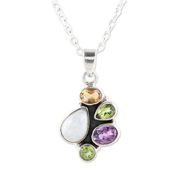 Alternate image for Multi-Gemstone and Sterling Silver Pendant Necklace Color Shower