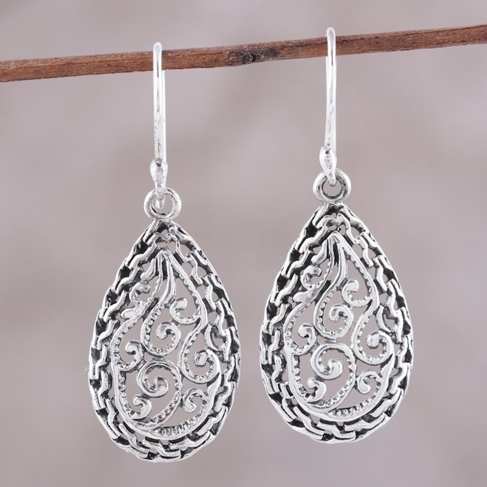 Sterling Silver Ornate Openwork Dangle Earrings from India 'Furling Fronds'