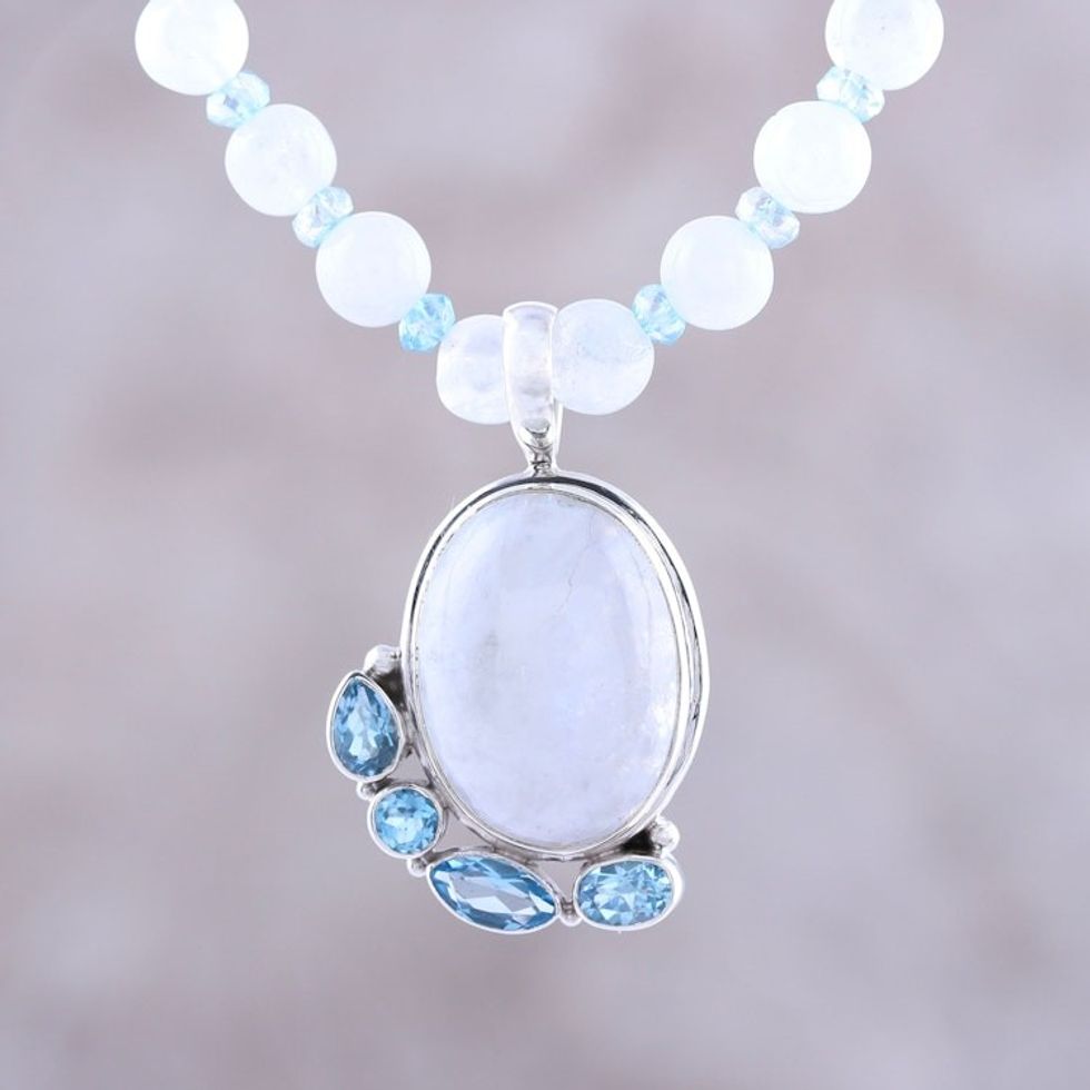 Rainbow Moonstone and Blue Topaz Beaded Pendant Necklace 'Everlasting Glow'