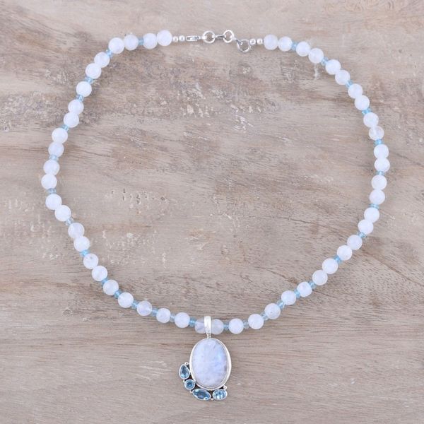 Alternate image for Rainbow Moonstone and Blue Topaz Beaded Pendant Necklace Everlasting Glow