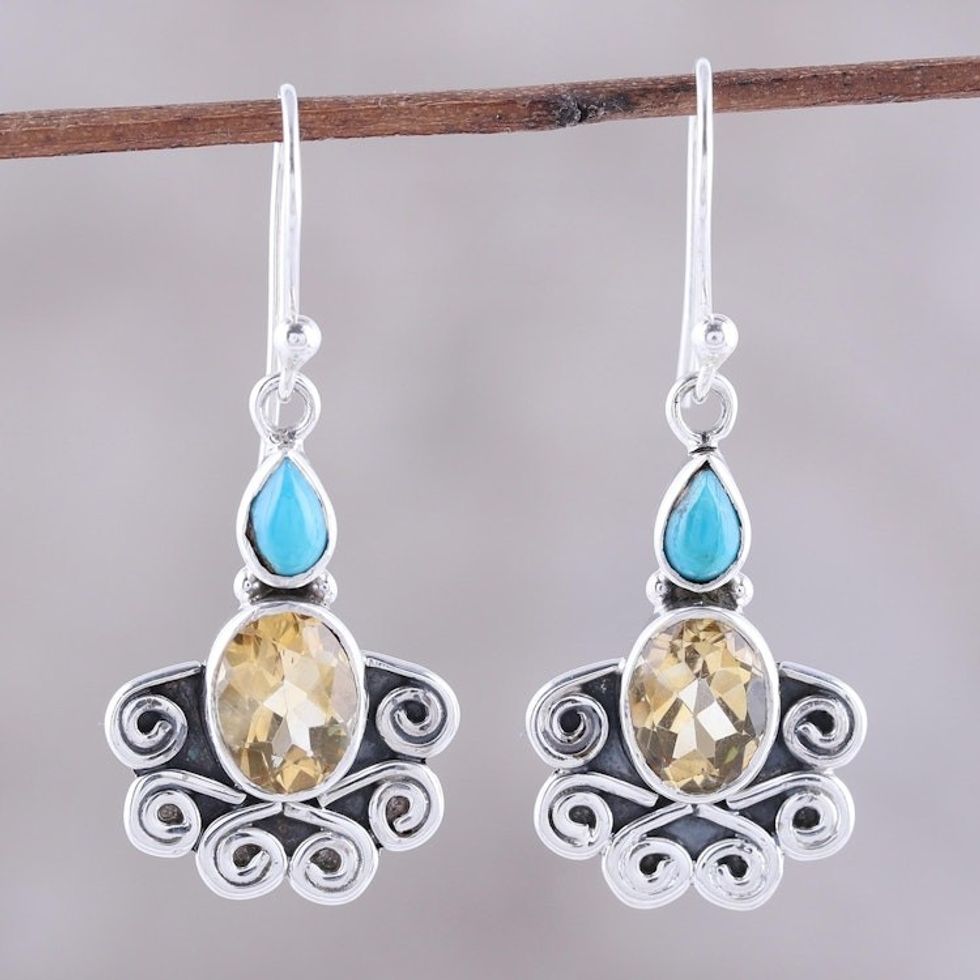 Citrine Oval and Sterling Silver Scrollwork Dangle Earrings 'Sun Salutations'
