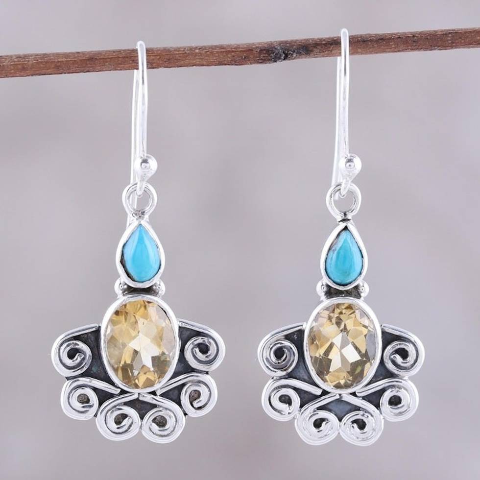 Citrine Oval and Sterling Silver Scrollwork Dangle Earrings 'Sun Salutations'