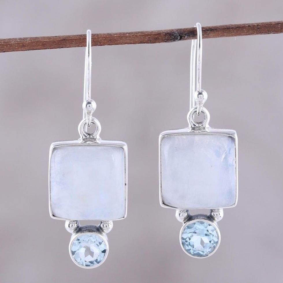 Square Rainbow Moonstone and Blue Topaz Earrings from India 'Creative Beauty'