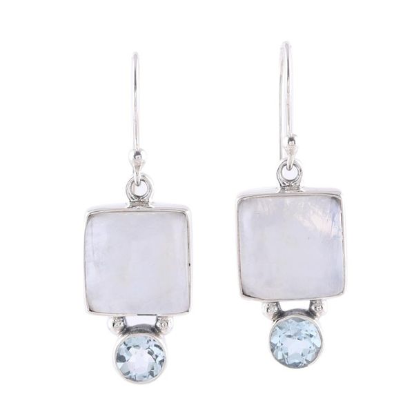 Alternate image for Square Rainbow Moonstone and Blue Topaz Earrings from India Creative Beauty