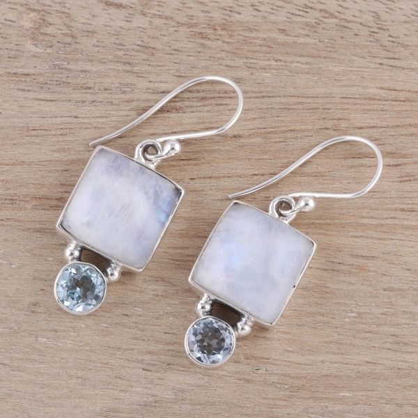 Alternate image for Square Rainbow Moonstone and Blue Topaz Earrings from India Creative Beauty