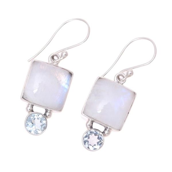 Alternate image for Square Rainbow Moonstone and Blue Topaz Earrings from India Creative Beauty
