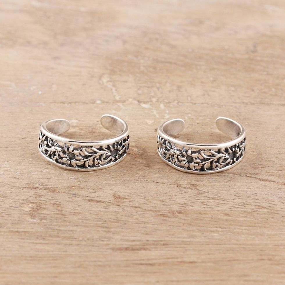 Floral Openwork Sterling Silver Toe Rings from India Pair 'Floral Trellis'