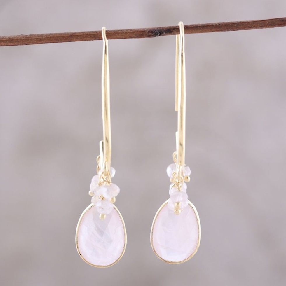 18k Gold Plated Rose Quartz Dangle Earrings from India 'Regal Beauty'