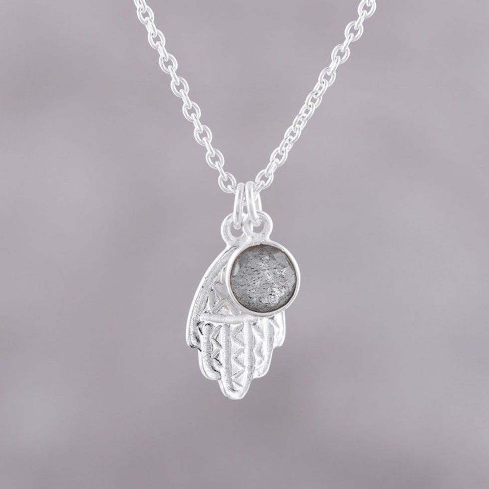 Labradorite Hamsa Pendant Necklace from India 'Swinging Hamsa'