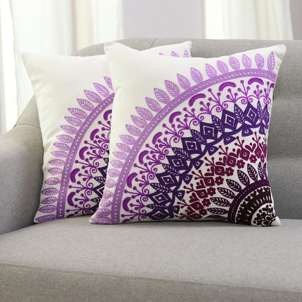 Embroidered Cotton Cushion Covers in Purple Pair 'Divine Orchard in Purple'