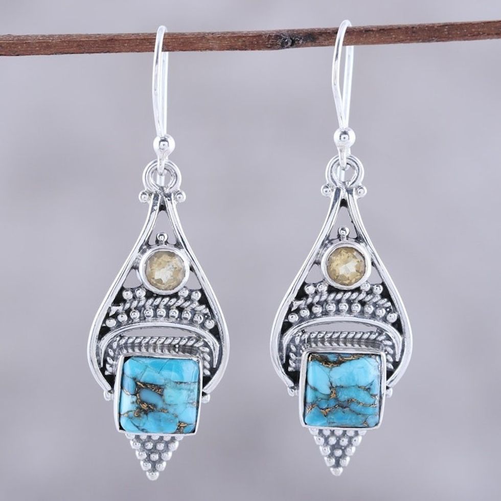 Citrine and Composite Turquoise Dangle Earrings from India 'Mythic Ocean'