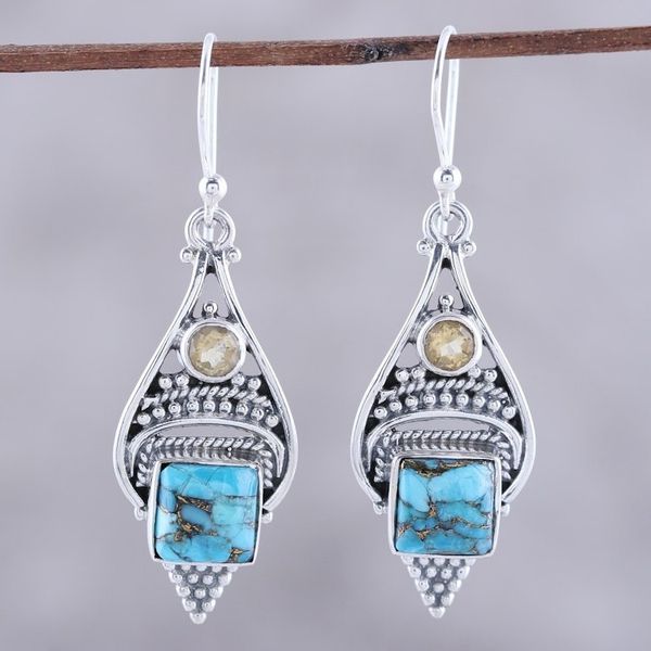 Alternate image for Citrine and Composite Turquoise Dangle Earrings from India Mythic Ocean